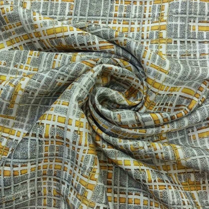 Yellow Grey Check Print On Twill Satin TPB112 (PA01C#4)