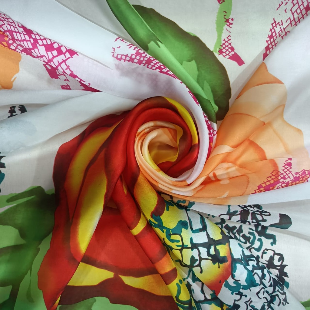 Orange & White Rose Print On Habutai Satin S24 HSPS22