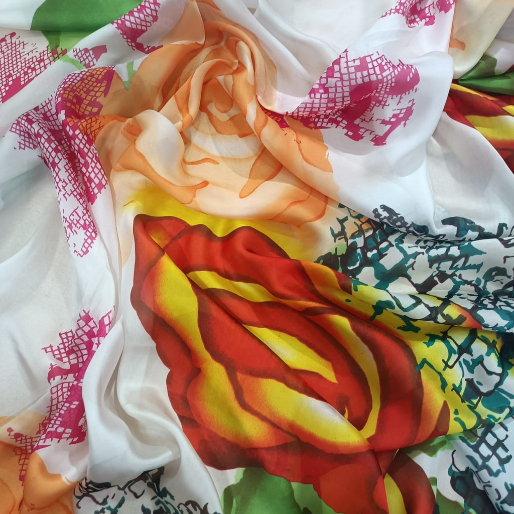 Orange & White Rose Print On Habutai Satin S24 HSPS22