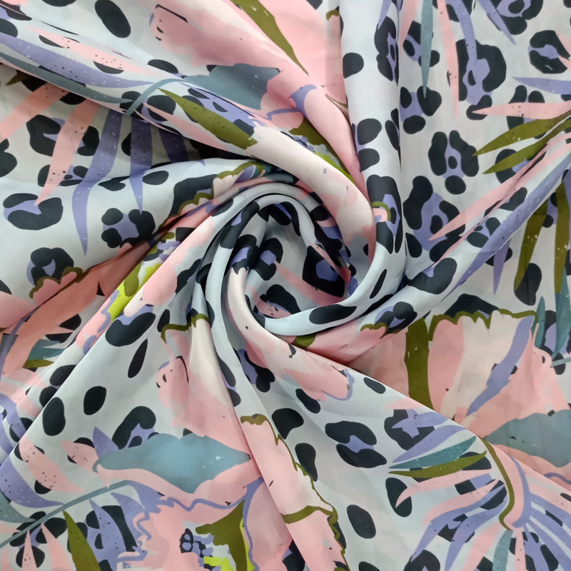 Pink Flowers Print On Korean Satin SS22A-KSPA21