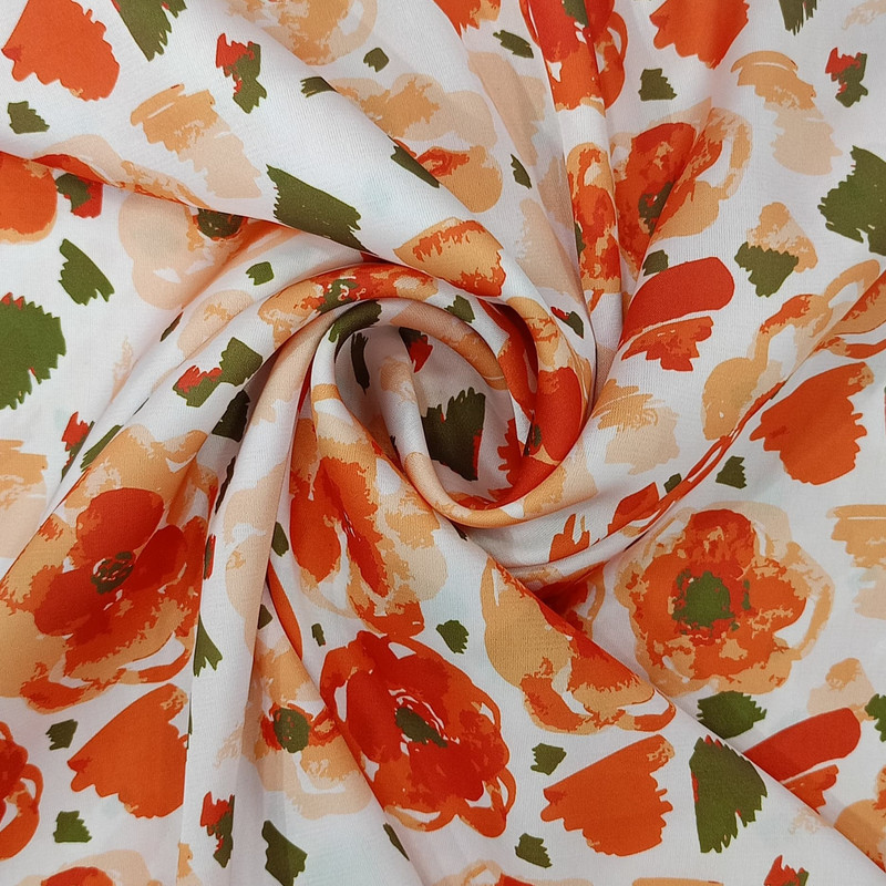 Red Flower White Base Print On Korean Satin SS22N KSPB50