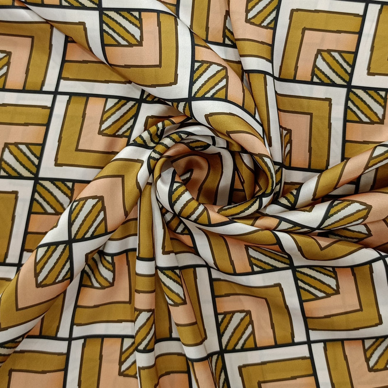 Brown Geometrical Box Print On Korean Satin SS2N KSPB71
