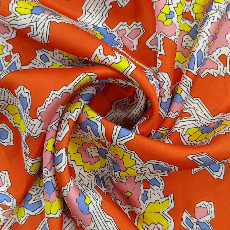 Orange Base Floral Print On Korean Satin SS22N KSPB93