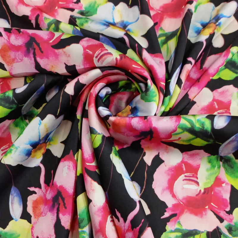 Black Base Floral Print On Korean Satin S23 KSPS20