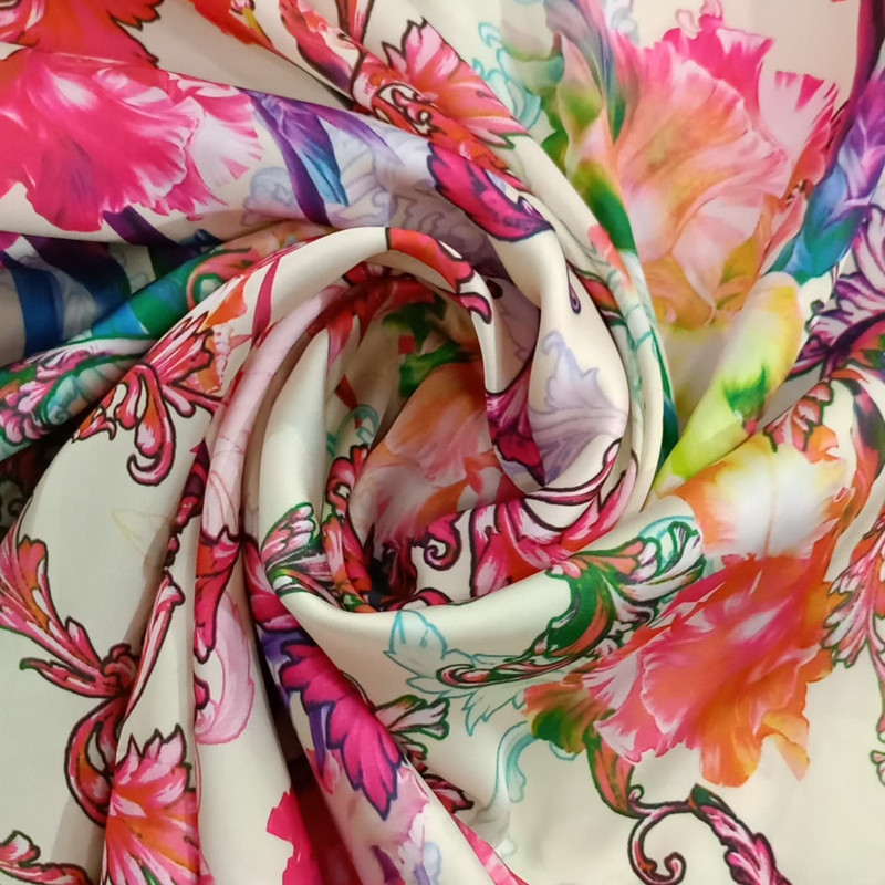 White Base Flower Print On Korean Satin S23 KSPS114