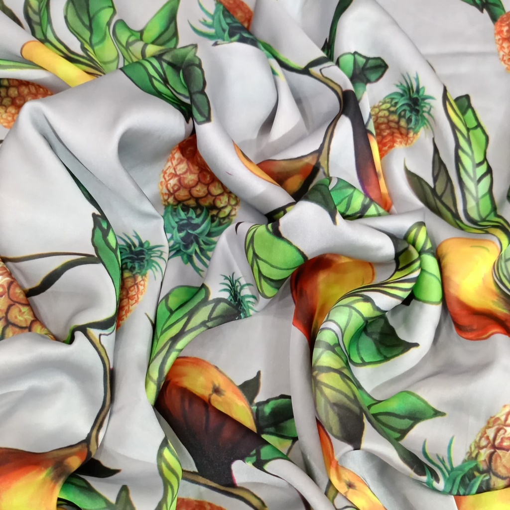 Grey Base Pineapple Print On Korean Satin S24 KSPS101