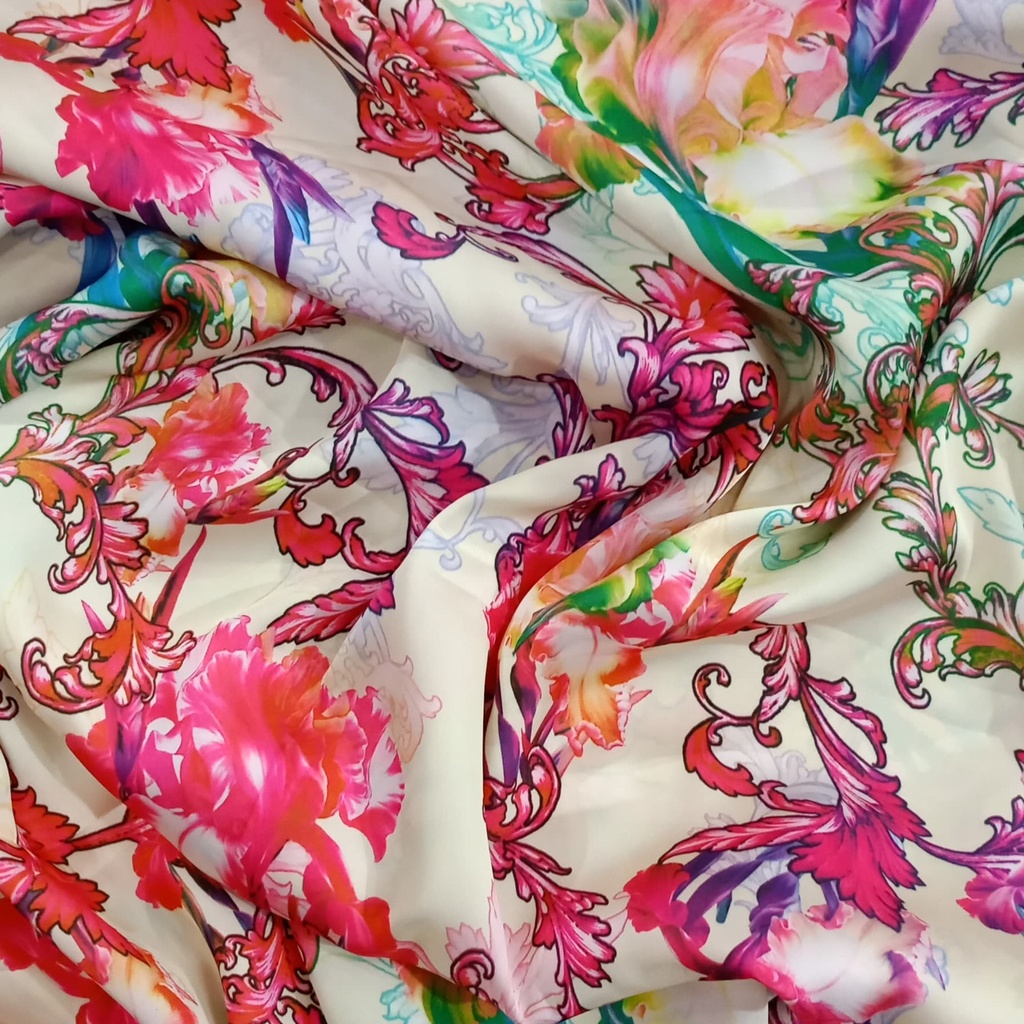 White Base Flower Print On Korean Satin S23 KSPS114