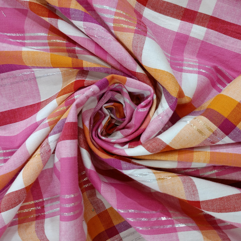 Cotton Lurex Pink & Orange &White Check Y/D Fabrics CLYD03