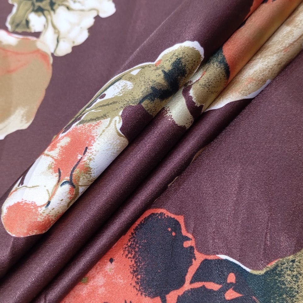 Sea Flower Brown Base Print On Satin Lycra S24 SLPS02