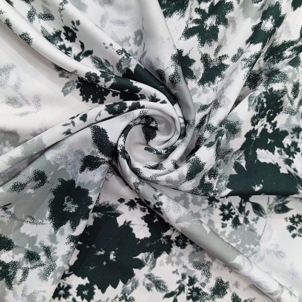 Chrome Satin White Base Black Flower Print Fabric SS22N CSPB01
