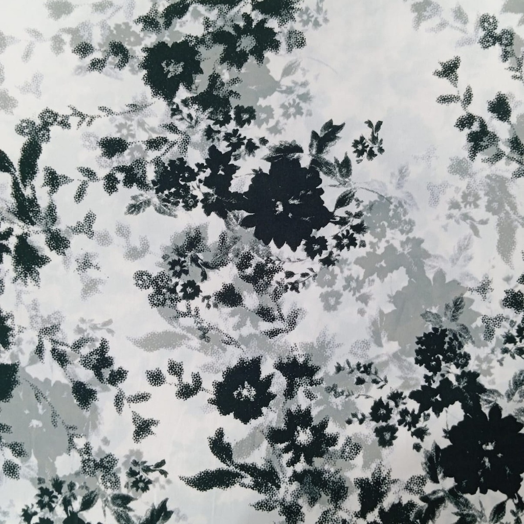 Chrome Satin White Base Black Flower Print Fabric SS22N CSPB01