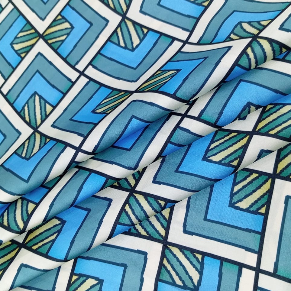 Blue Geometrical Box Print On Korean Satin SS2N KSPB70
