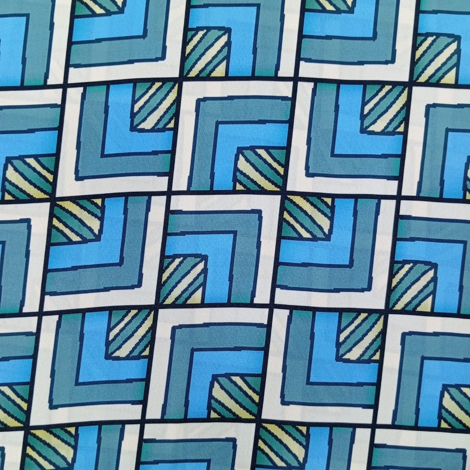 Blue Geometrical Box Print On Korean Satin SS2N KSPB70
