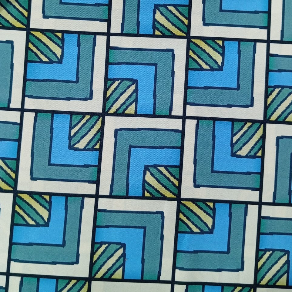 Blue Geometrical Box Print On Twill Satin (D#91C#3) TSPS38