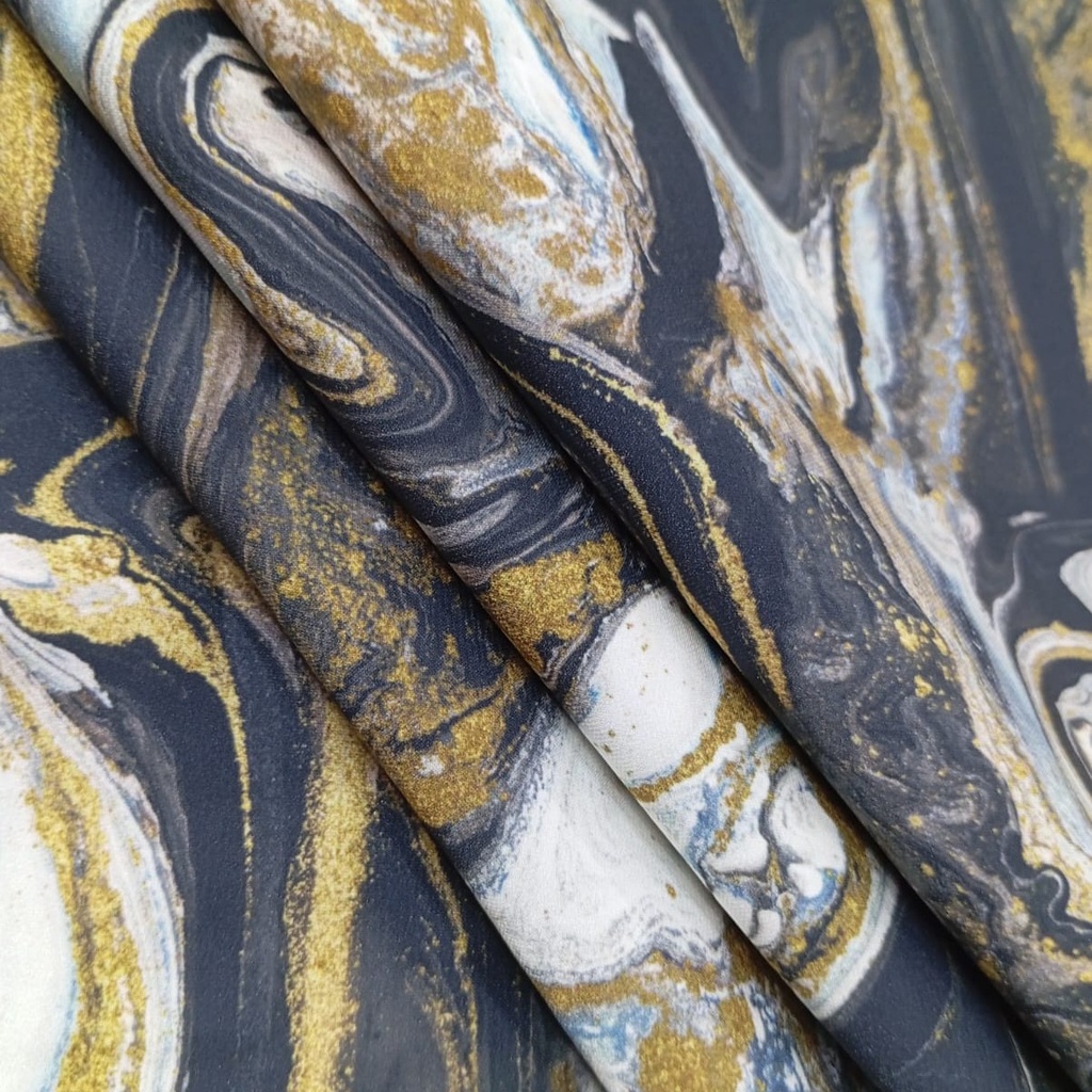 Golden Black & White Marble Print On Korean Satin SS22A KSPA11