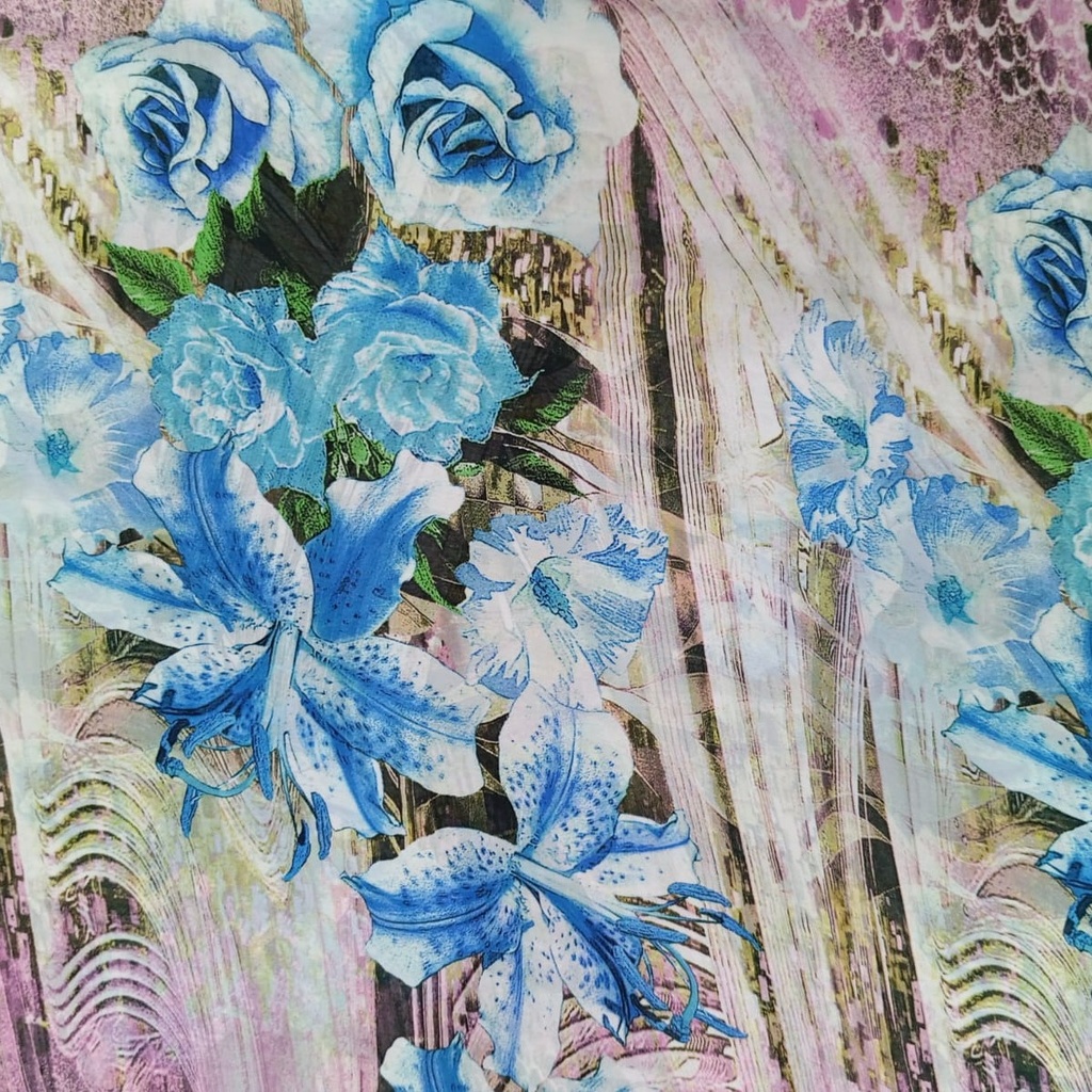 Blue Lilly Flower Print On Habutai Satin S24 HSPS41