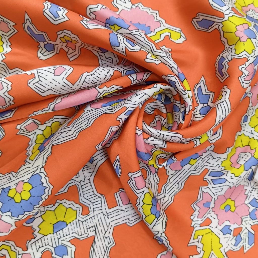 Orange Base Floral Print On Korean Satin SS22N KSPB93