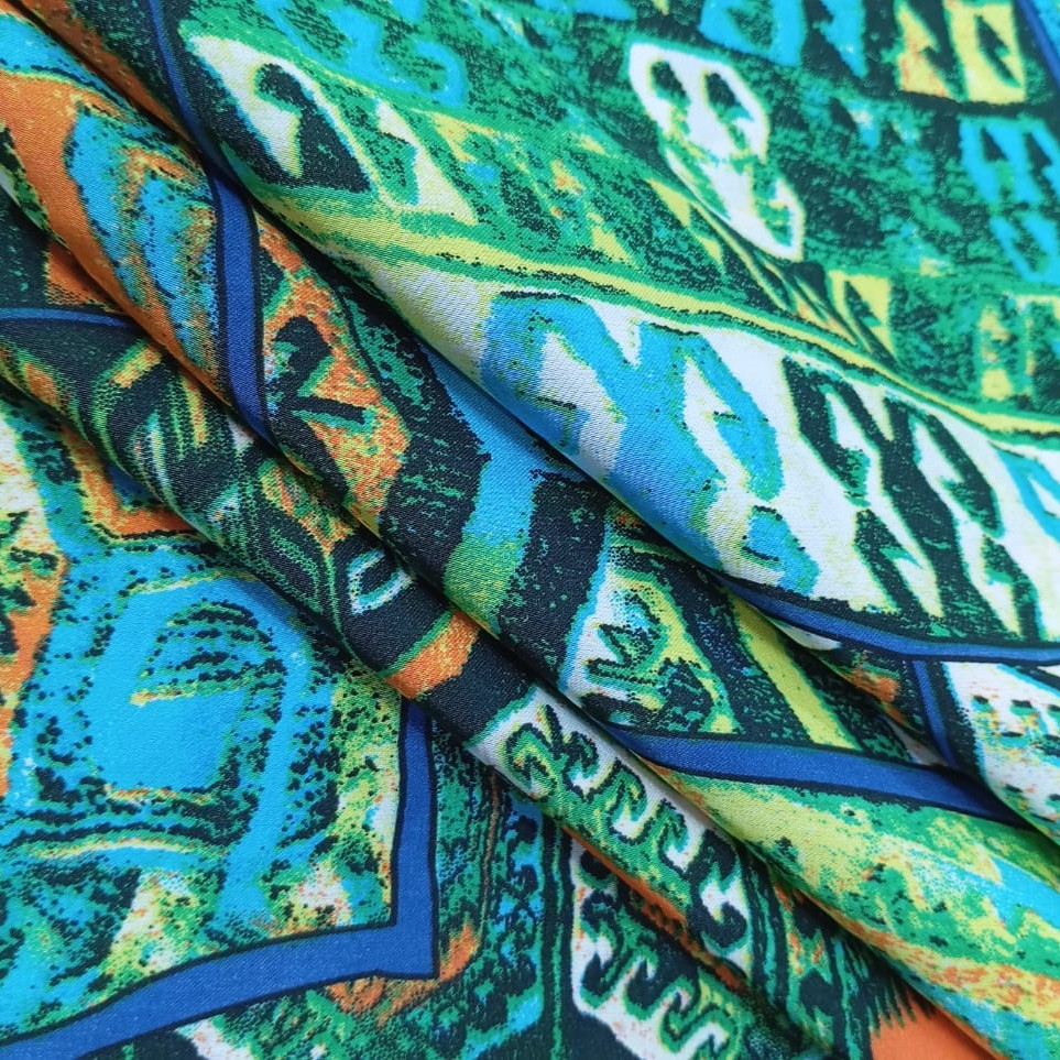 Blue Traditional Print On Korean Satin S23-KSPS25