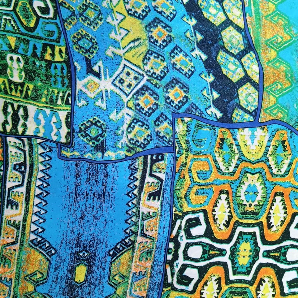 Blue Traditional Print On Korean Satin S23-KSPS25