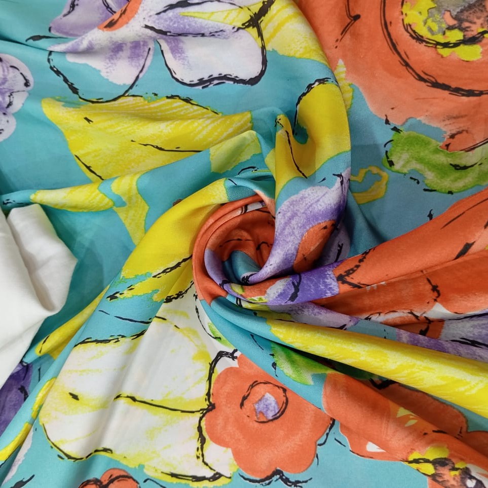 Sky Base Flowers Print On Habutai Satin S23-HSPS85