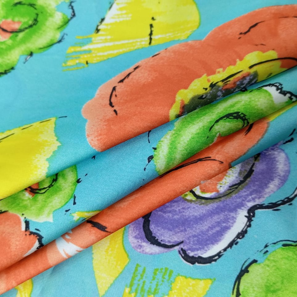 Sky Base Flowers Print On Habutai Satin S23-HSPS85