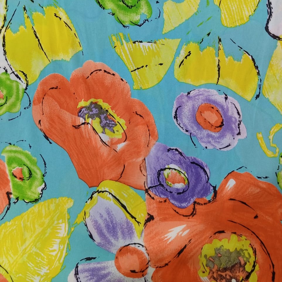 Sky Base Flowers Print On Habutai Satin S23-HSPS85