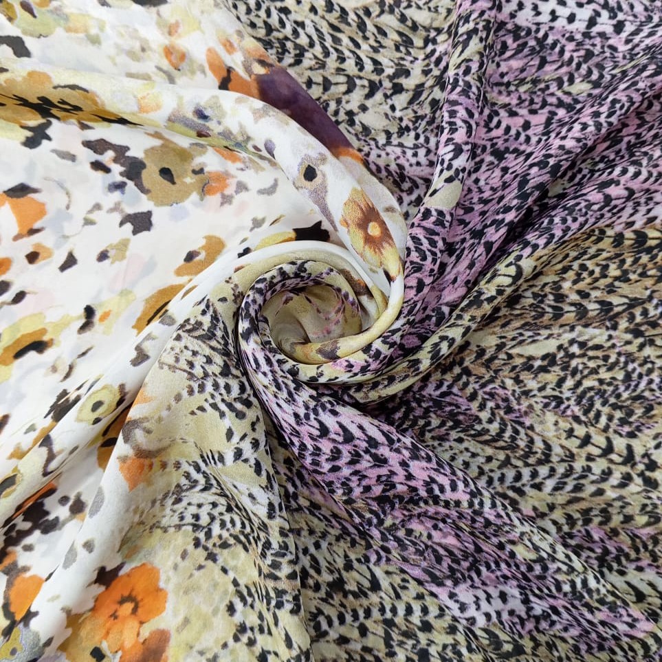 White Base Border Floral Print On Habutai Satin S24 HSPS78