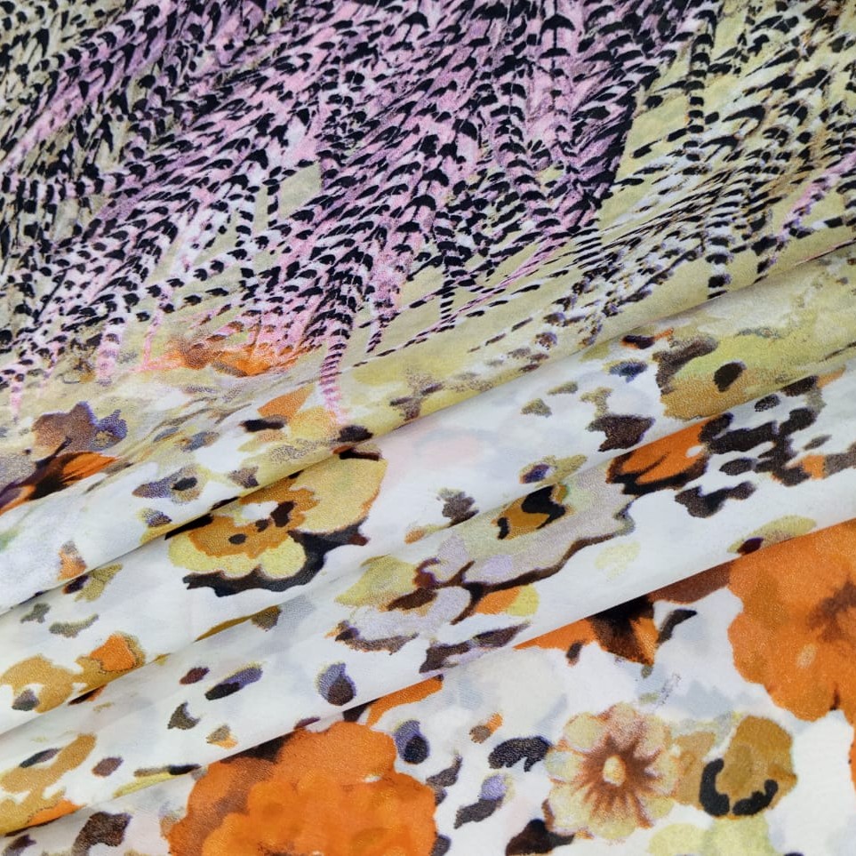 White Base Border Floral Print On Habutai Satin S24 HSPS78