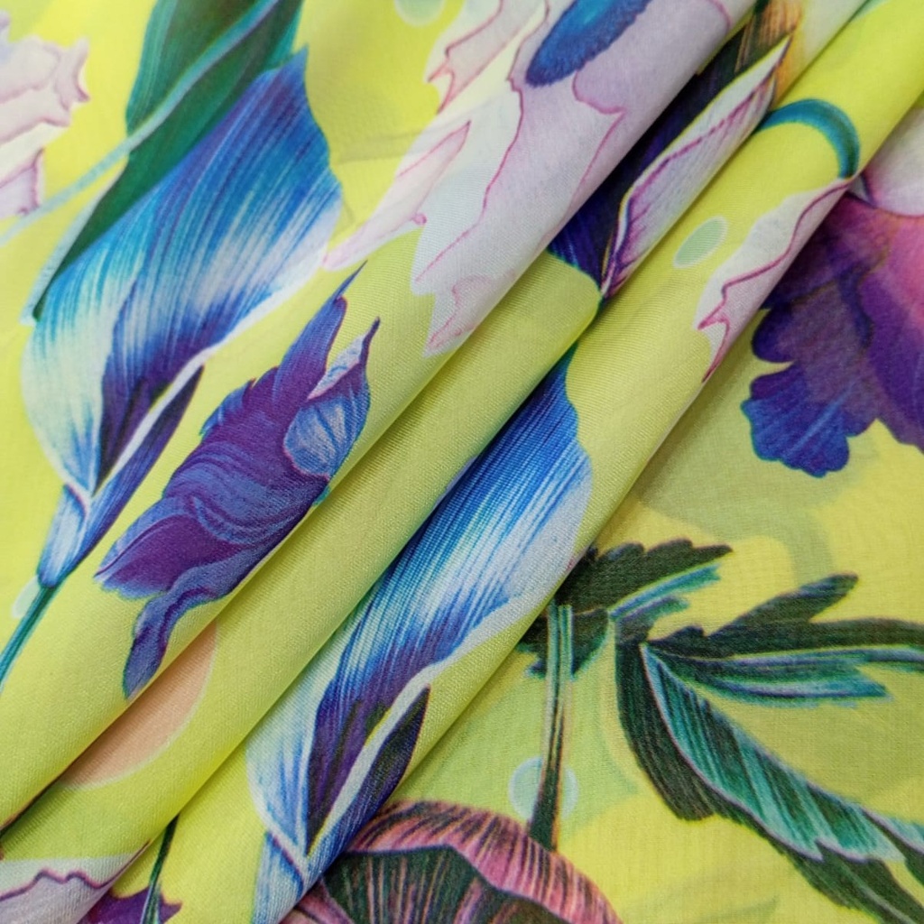Yellow Base Flowers Print On Habutai Satin S24 HSPS61