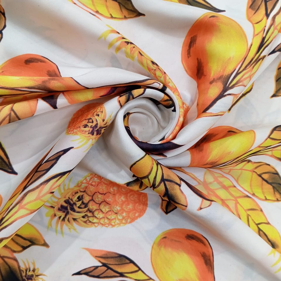 White Base Pineapple Print On Korean Satin S24 KSPS125