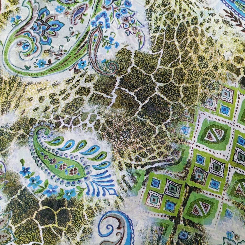 Green Base Blue Paisley Print On Habutai Satin S24 HSPS33
