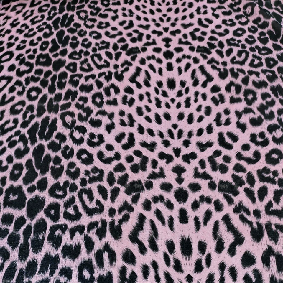 Pink & Black Leopard Print On Velvet Fabric