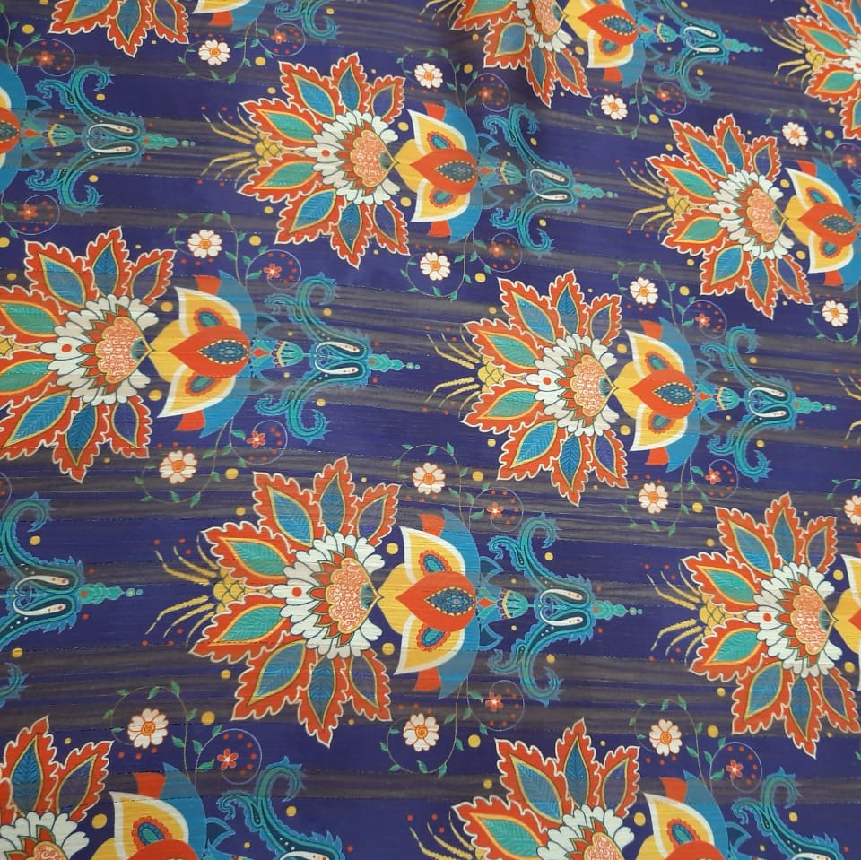 Chiffon Lurex Stripe Red-Yellow Floral Printed Fabric