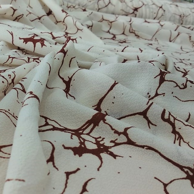 Maroon And White Marble Print On Snake Crepe Fabric