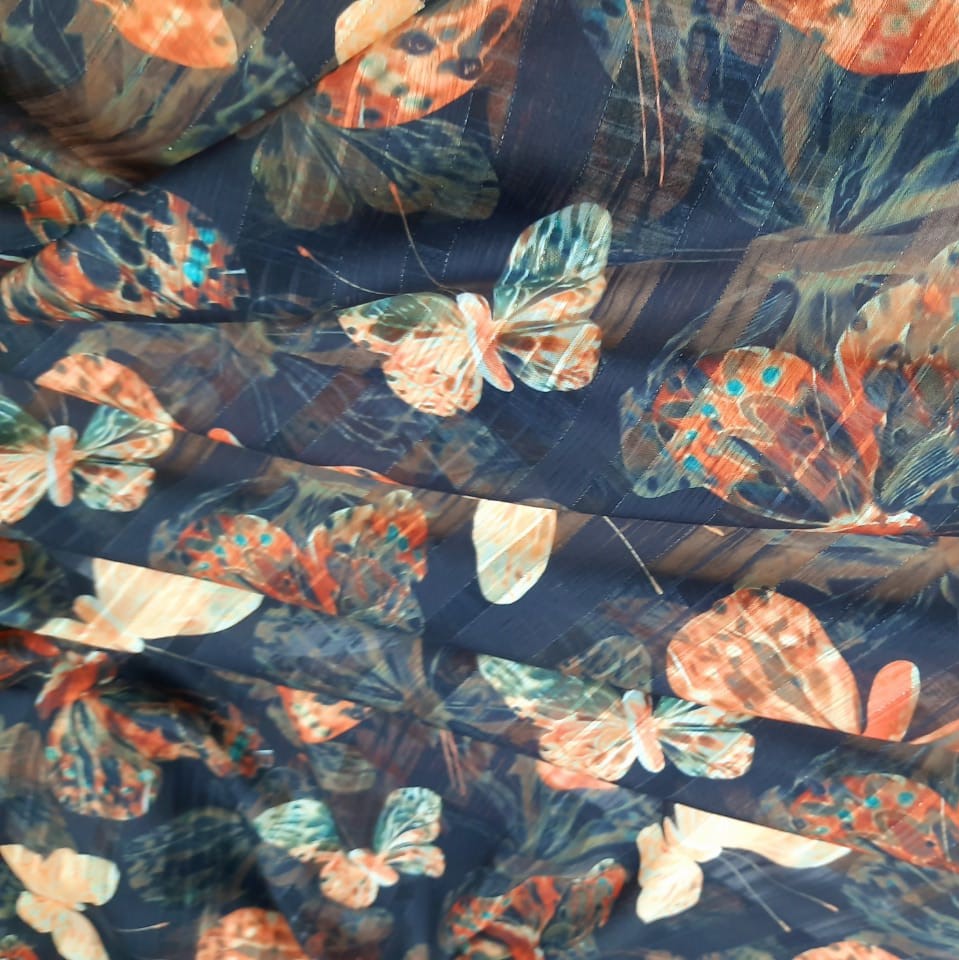 Chiffon Lurex Stripe Light Peach Dragonfly Print