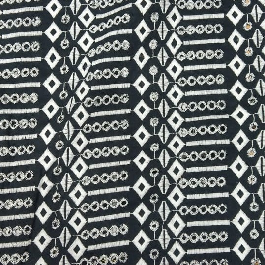 Black Cotton White Ethnic Embroidered Fabric
