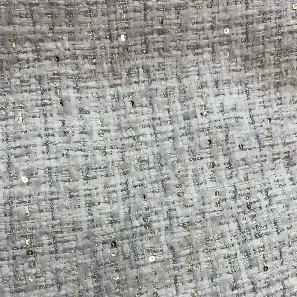White Lurex Sequins Summer Tweed Fabric