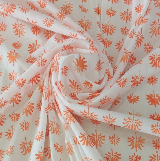 White Cotton Orange Block Print Woven Fabric