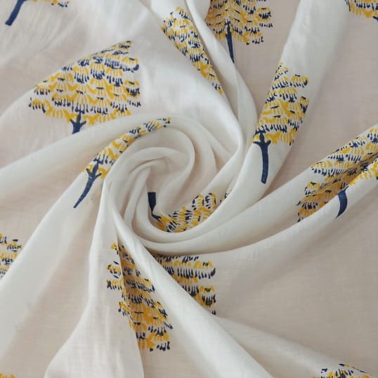 White Cotton Yellow Block Print Woven Fabric