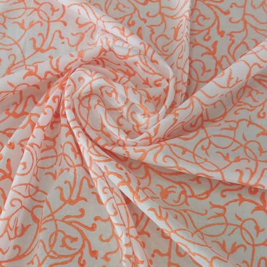White Cotton Orange Ethnic Print Woven Fabric