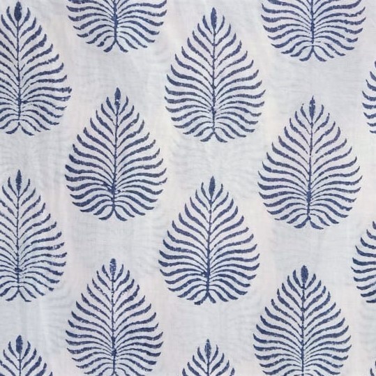 White Cotton Blue Tropical Block Print Woven Fabric