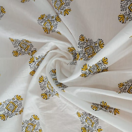White Cotton Black Ethnic Floral Block Print On Woven Fabric