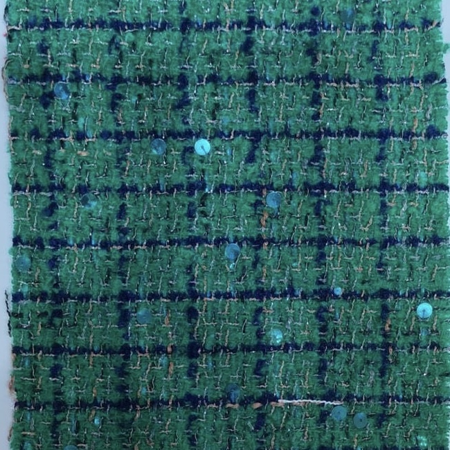 Green Sequins Blue Checks Summer Tweed Fabric