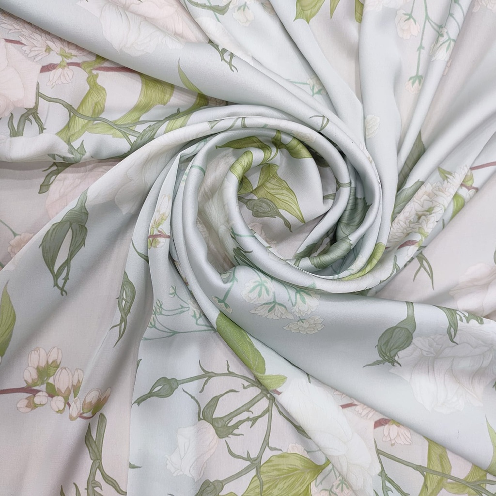 White Rose Floral Print On Korean Satin SS22A-KSPA53