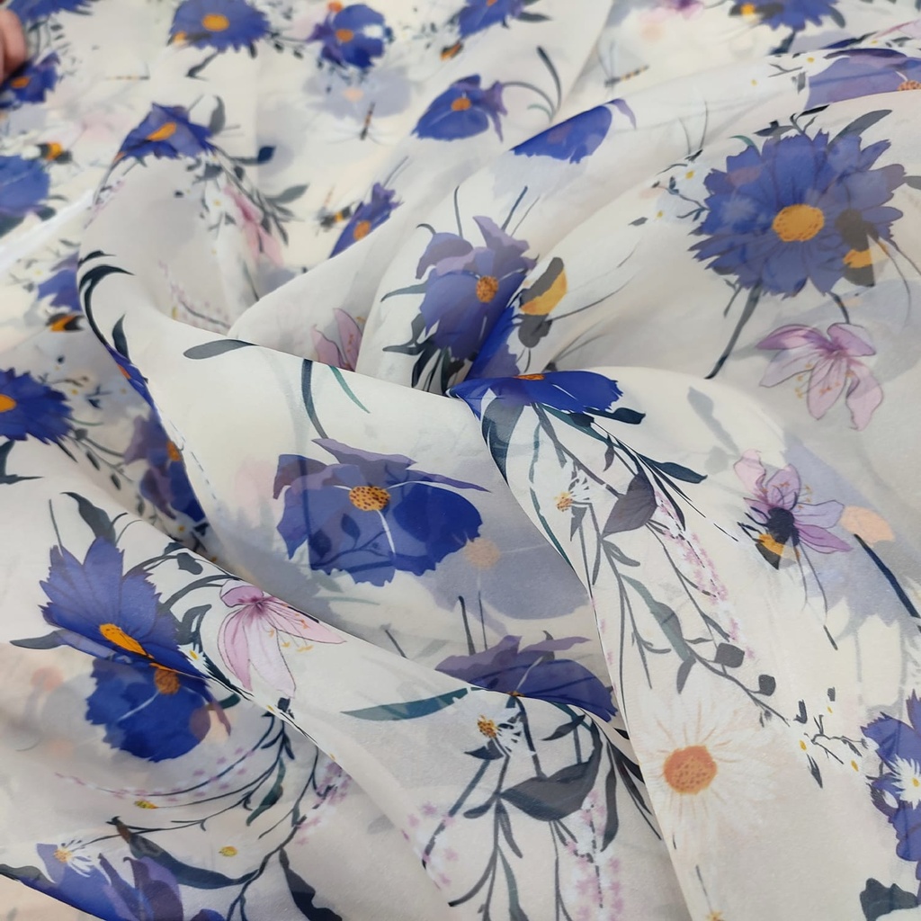 White Base Blue Flower Print On Organza SS22A-ORPA52
