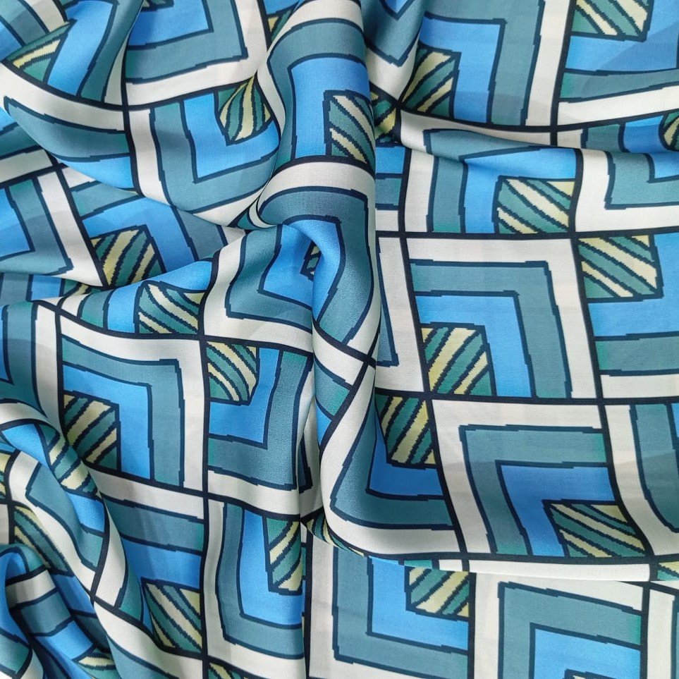 Blue Geometrical Box Print On Korean Satin SS2N KSPB70
