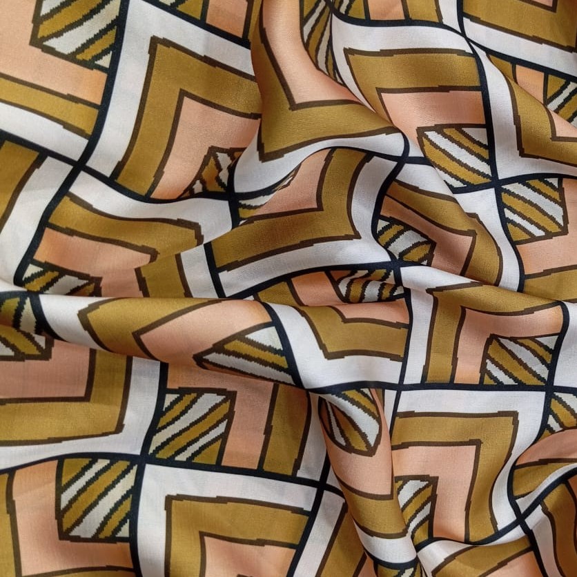Brown Geometrical Box Print On Korean Satin SS2N KSPB71
