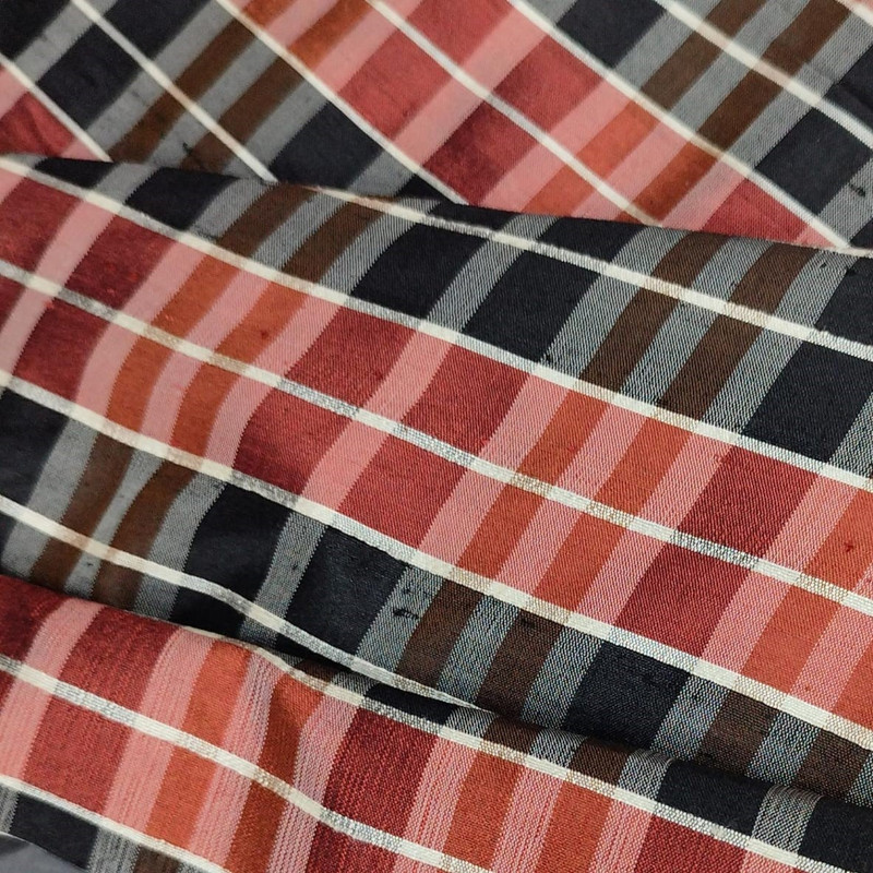 Raw Silk Dupion-Black & White & Red-Check