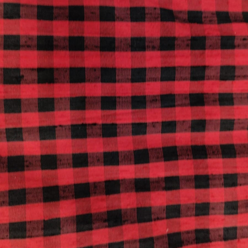 Raw Silk Dupion-Black & Red-Check