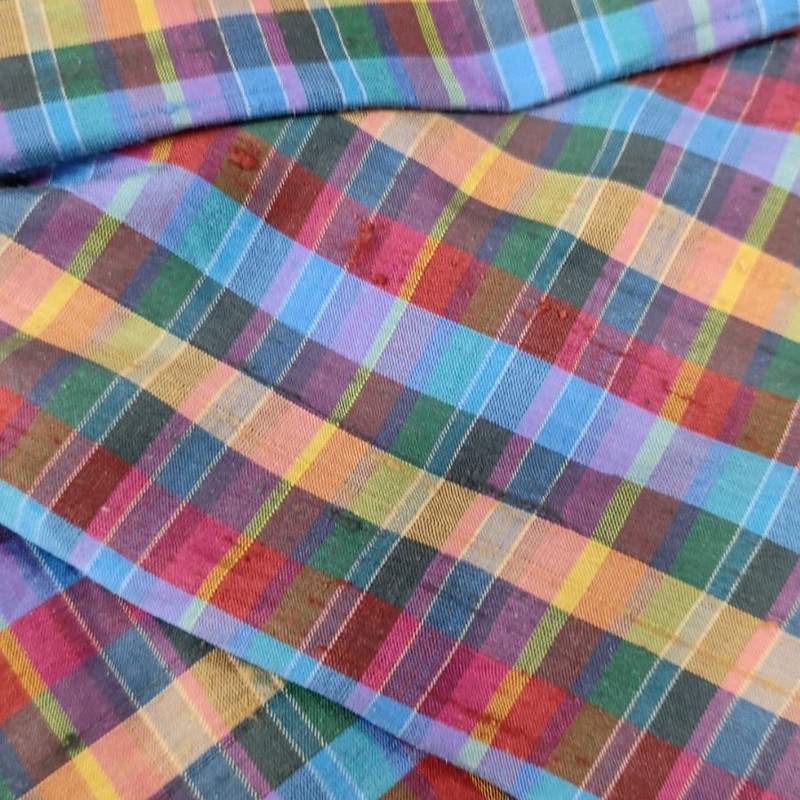 Raw Silk Dupion-Orange &  Red & Blue -Check